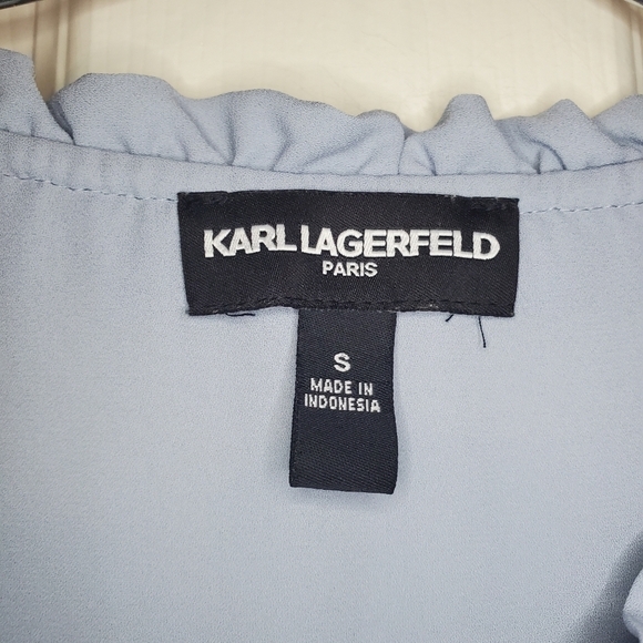 KARL LAGERFELD Ruffle Keyhole Neck Bell Sleeve, size Small, Blue - Picture 6 of 7